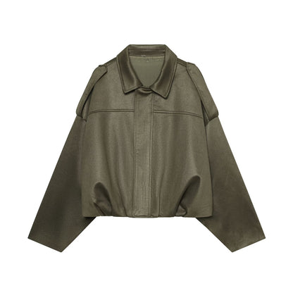 2025Spring and Autumn European and American Style Bomber Jacket with Batwing Sleeves, Zipper, Loose Fit, Suede Texture, Women's Casual Coat B6