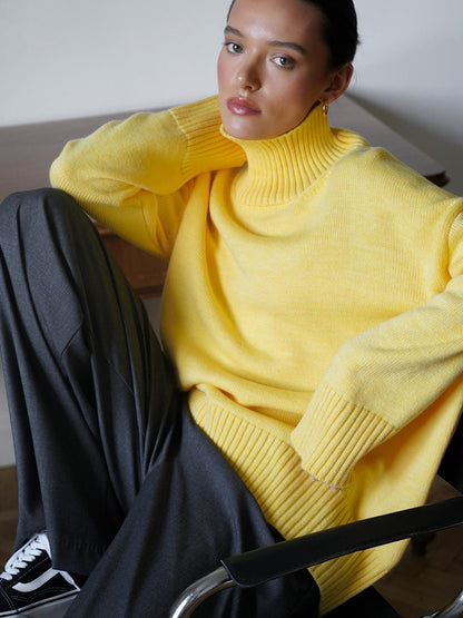 Cross-Border2025Hot-Selling European and American Style Autumn Winter Solid Color High Neck Knitted Sweater Loose Slimming Versatile Knitted Sweater for Women