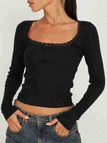 New Long Sleeve t T-shirt Women's Clothing wish Cross-border Trendy Brand Slim Fit Lace Patchwork Hot Girl Top U Collared Base Shirt