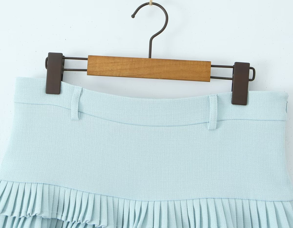 Cross-border European and American Fashion Striped Short Sleeve T Shirt Top+Low Waist Pleated Short Skirt2025Spring New D79551