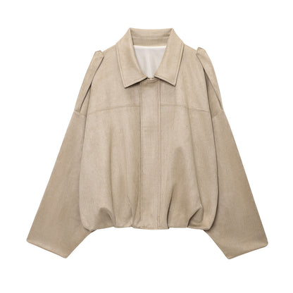 2025Spring and Autumn European and American Style Bomber Jacket with Batwing Sleeves, Zipper, Loose Fit, Suede Texture, Women's Casual Coat B6