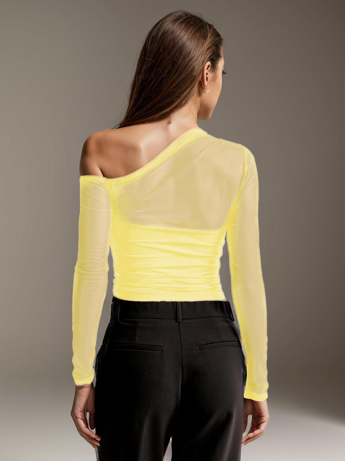 European and American Autumn New Foreign Trade Mesh Patchwork Sheer Asymmetrical Long Sleeve T T-shirt Pure Desire Sexy Unique Regular Shoulder Top