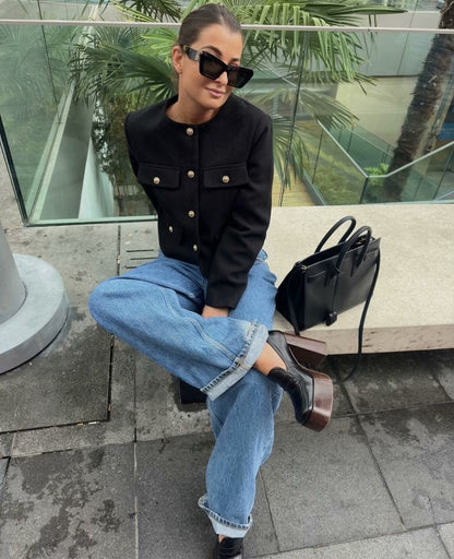 Wholesale Cross-Border Amazon Autumn Winter New Women's Fashion Small Fragrance Style Button Decor Short Blazer B88646