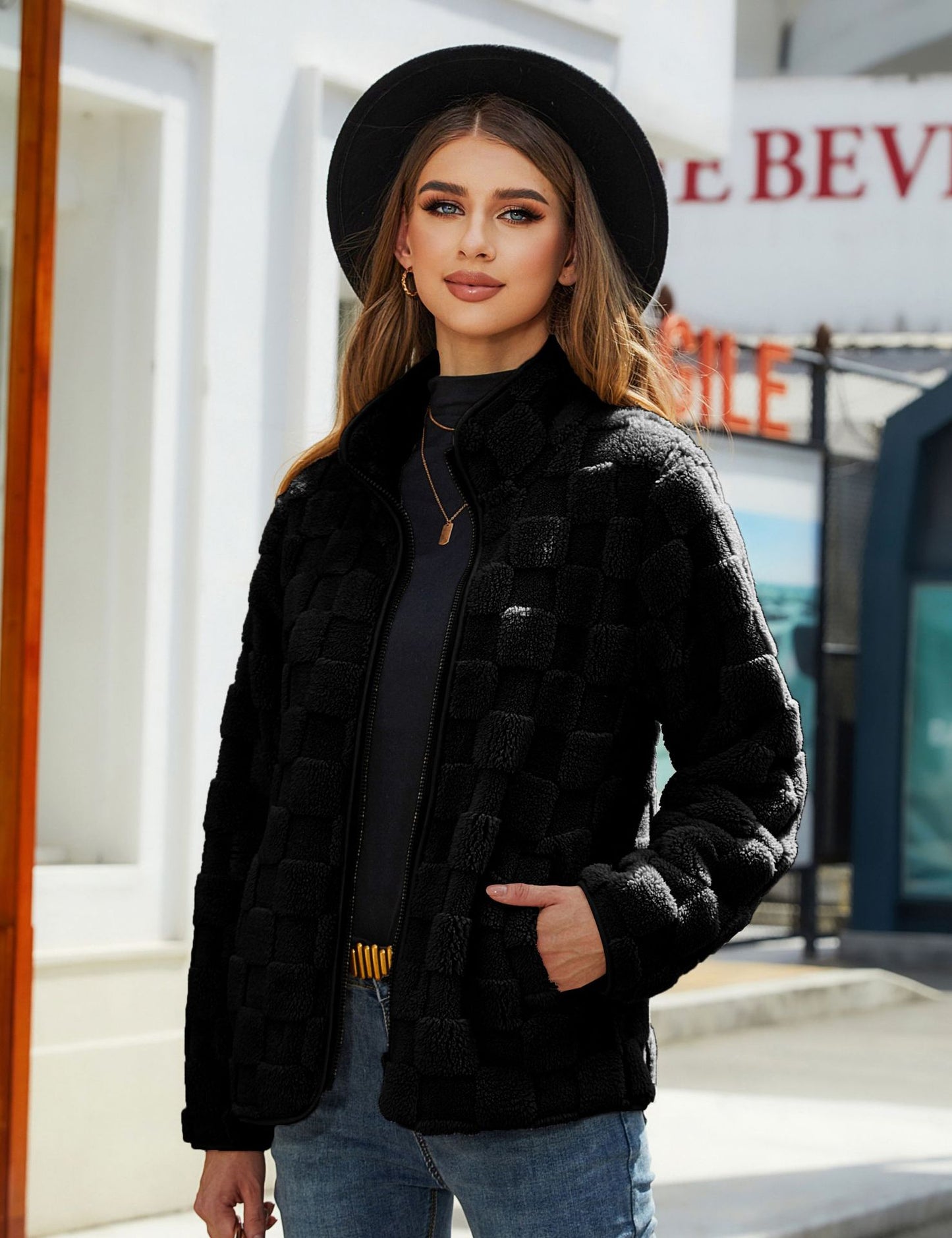 Shiny Velvet2023Autumn and Winter New Cross-Border European and American Women's Long Sleeve Cardigan Zipper Loose Solid Color Plaid Fuzzy Coat
