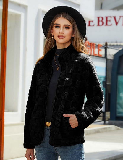 Shiny Velvet2023Autumn and Winter New Cross-Border European and American Women's Long Sleeve Cardigan Zipper Loose Solid Color Plaid Fuzzy Coat