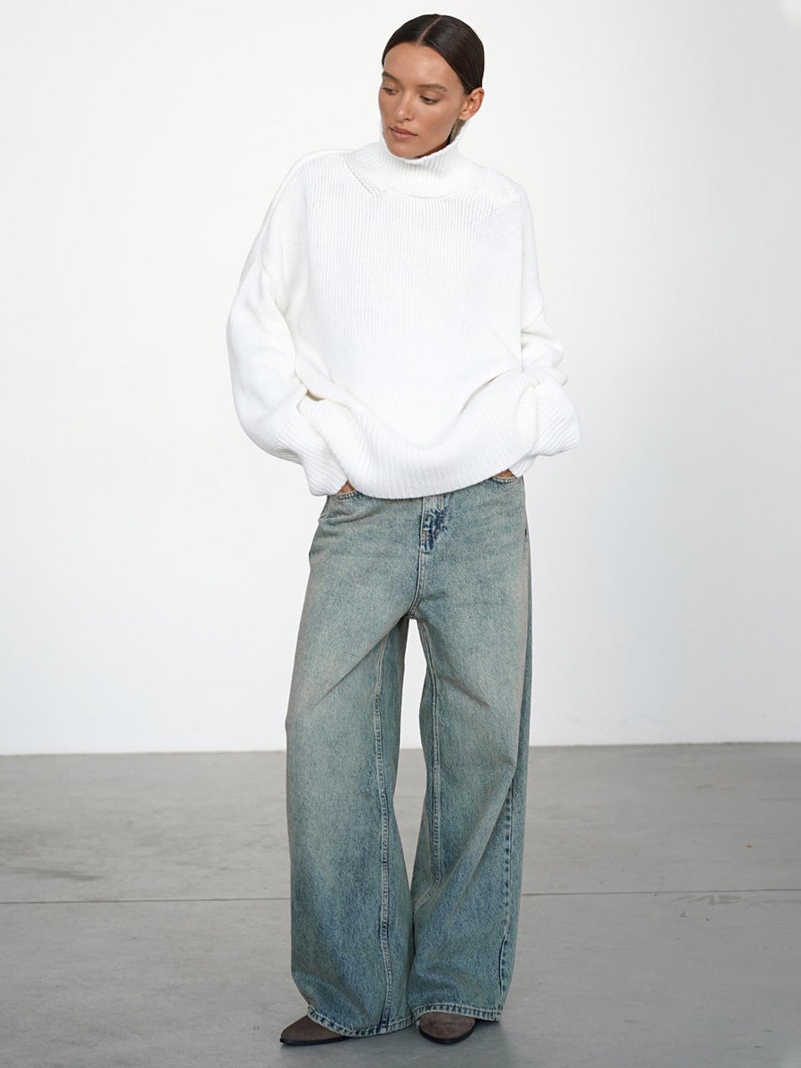 Cross-Border2025Hot-Selling European and American Style Autumn Winter Solid Color High Neck Knitted Sweater Loose Slimming Versatile Knitted Sweater for Women