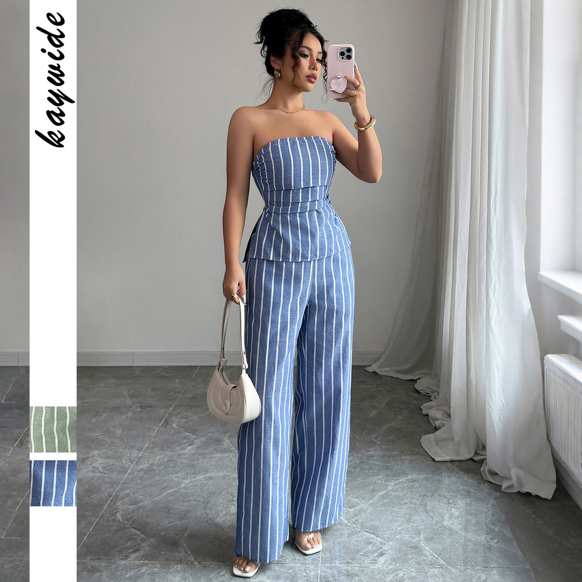 Cross-border Fashion Elegant Strapless Striped Long Pants Two-piece Set Women's Clothing2025Spring and Summer Amazon Non-Iron Comfortable