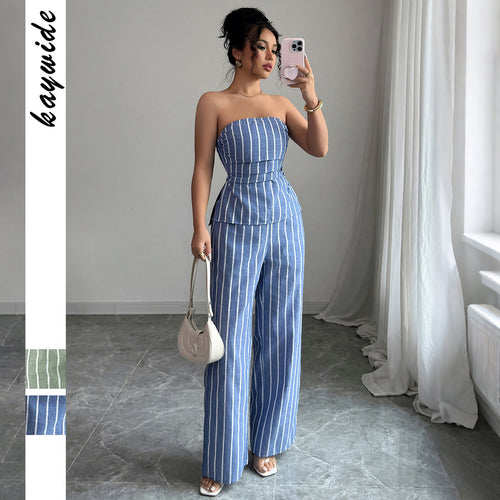 Cross-border Fashion Elegant Strapless Striped Long Pants Two-piece Set Women's Clothing2025Spring and Summer Amazon Non-Iron Comfortable