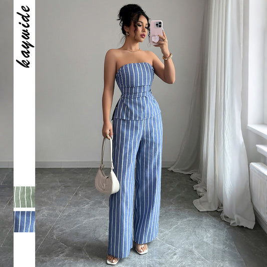 Cross-border Fashion Elegant Strapless Striped Long Pants Two-piece Set Women's Clothing2025Spring and Summer Amazon Non-Iron Comfortable