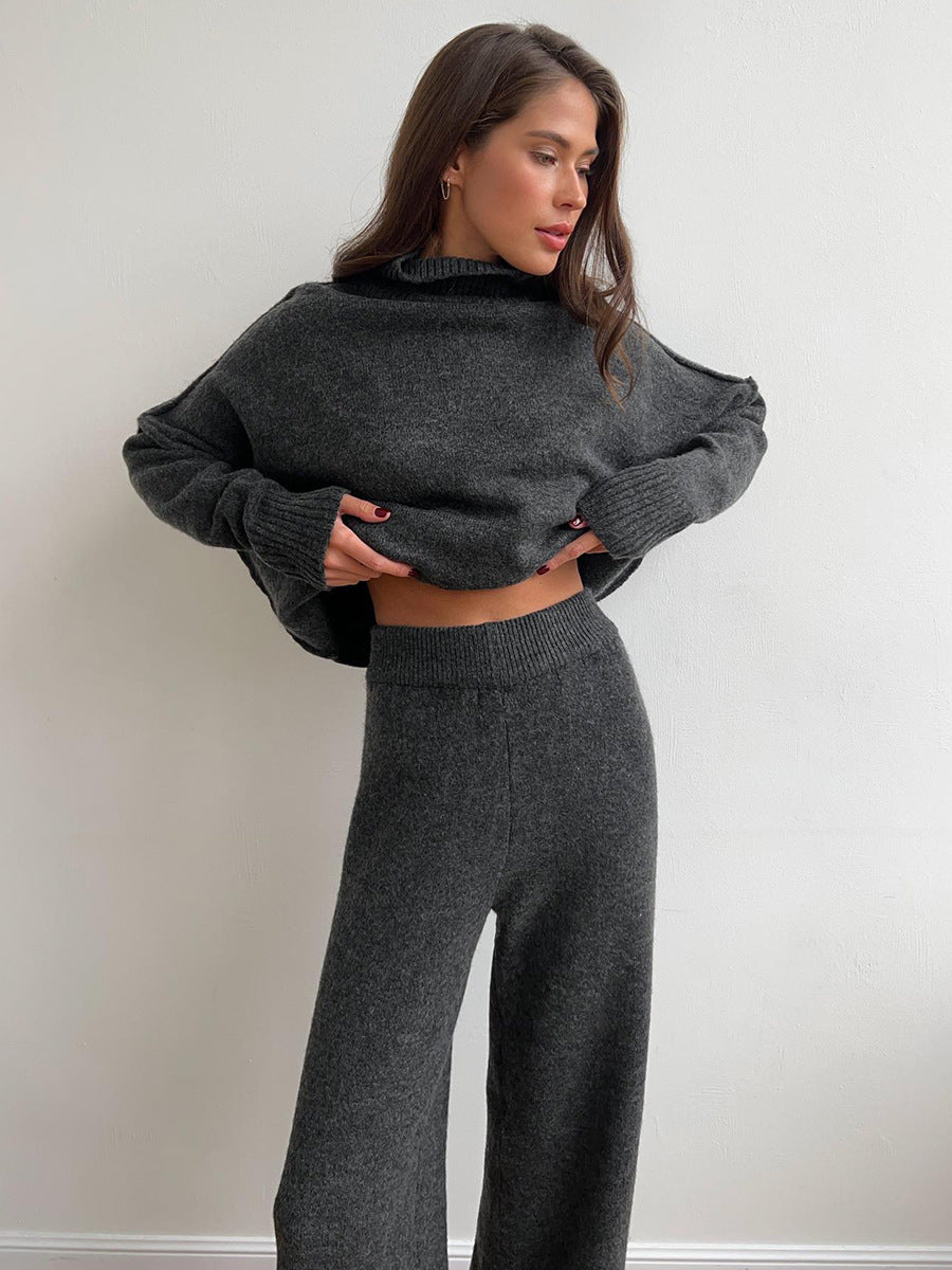 Cross-Border Turtleneck Sweater Set for Women, European and American Style, Autumn and Winter New Loose Casual Thick Knitted Long Pants Set