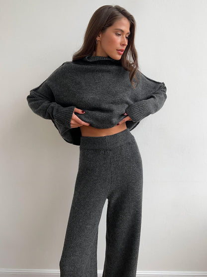 Cross-Border Turtleneck Sweater Set for Women, European and American Style, Autumn and Winter New Loose Casual Thick Knitted Long Pants Set