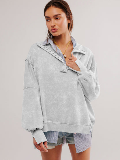 Sultyra Decorative Line Design Sense Top with Slit Lantern Sleeves polo