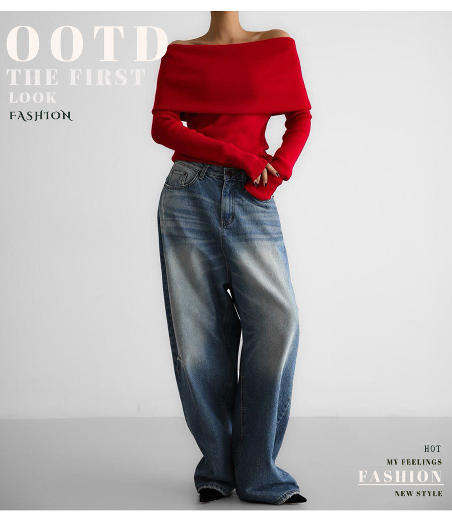 Cross-border Women's Sweater2025Autumn Winter European American Style Long Sleeve Knitted Bottoming Shirt One Shoulder Sexy Slim Off Shoulder Top