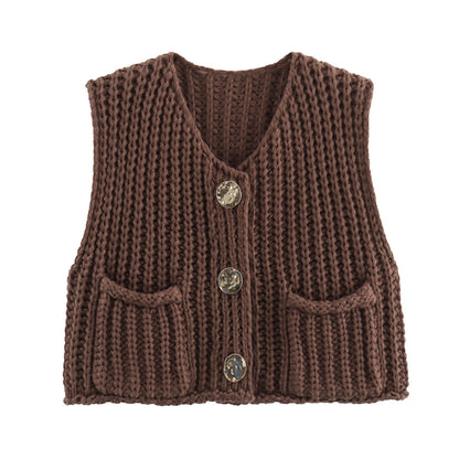 11Color Amazon2024Spring and Autumn New Women's Fashion European and American Style Pocket Sleeveless Short Knitted Cardigan Vest