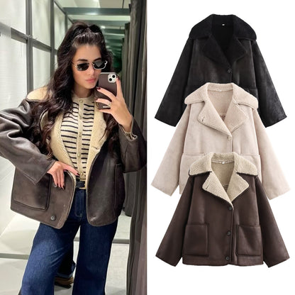 2024Autumn Fashion Turn-Down Collar Three-Color Fur Integrated Long-Sleeve Jacket Coat Cross-Border Amazon Women's Clothing B88788