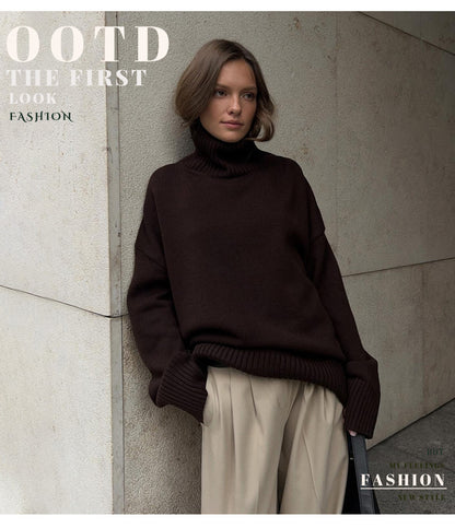 Cross-Border2025Hot-Selling European and American Style Autumn Winter Solid Color High Neck Knitted Sweater Loose Slimming Versatile Knitted Sweater for Women