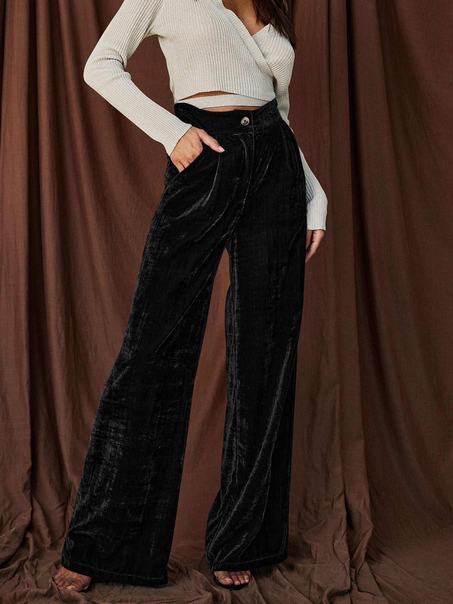Sultyra Suede Loose Button Slimming Straight Wide-Leg Pants