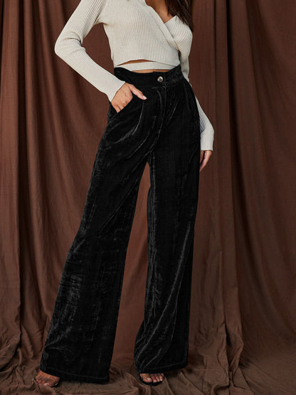 Sultyra Suede Loose Button Slimming Straight Wide-Leg Pants