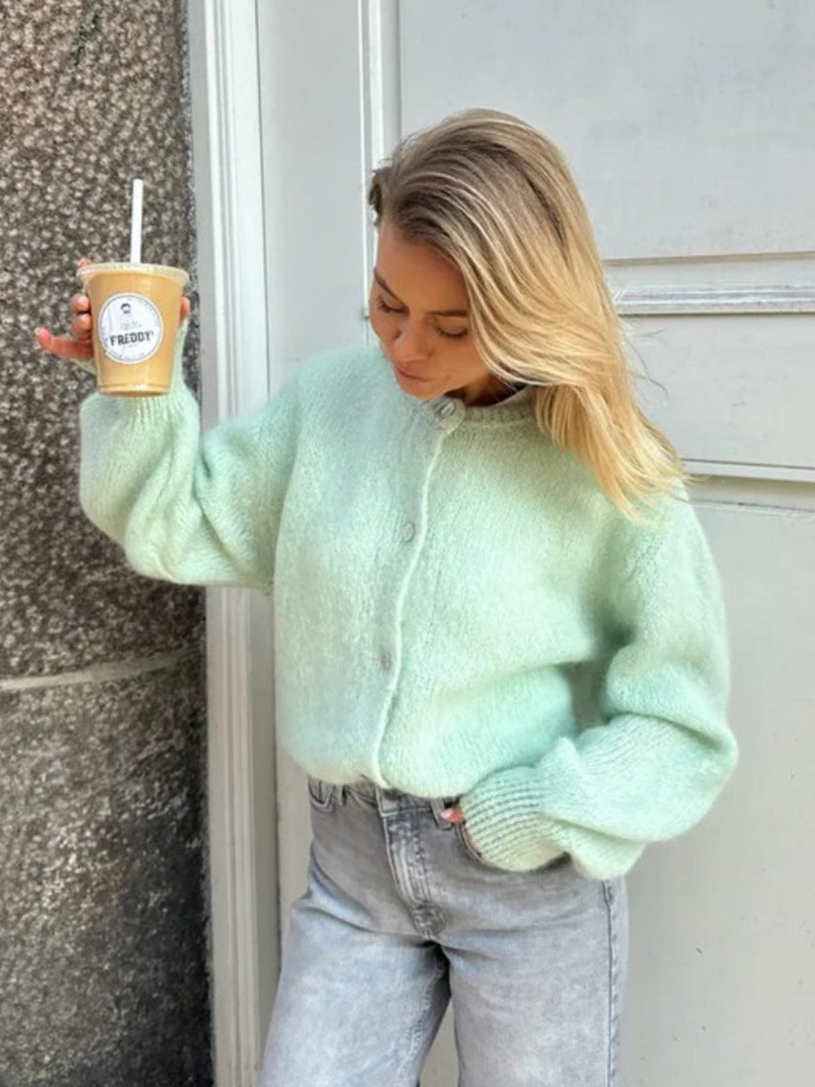 Candy Color Knitted Cardigan Women's European and American2025Autumn and Winter Mohair Solid Color Cardigan Macaron Color Sweater Cardigan for Women