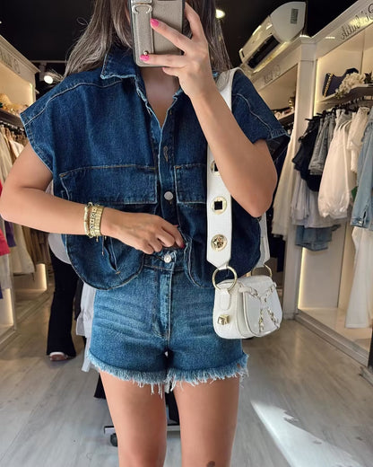 Amazon Women's Solid Color Large Pocket Sleeveless High-End Cardigan Polo Collared Shirt Denim Top A19846