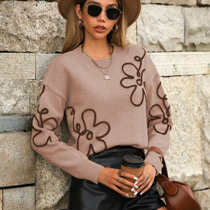 Cross-Border European and American Autumn Winter New Women's Sweater Fashion Flower Three-Dimensional Embroidery Round Neck Pullover Long Sleeve Knitted Sweater for Women
