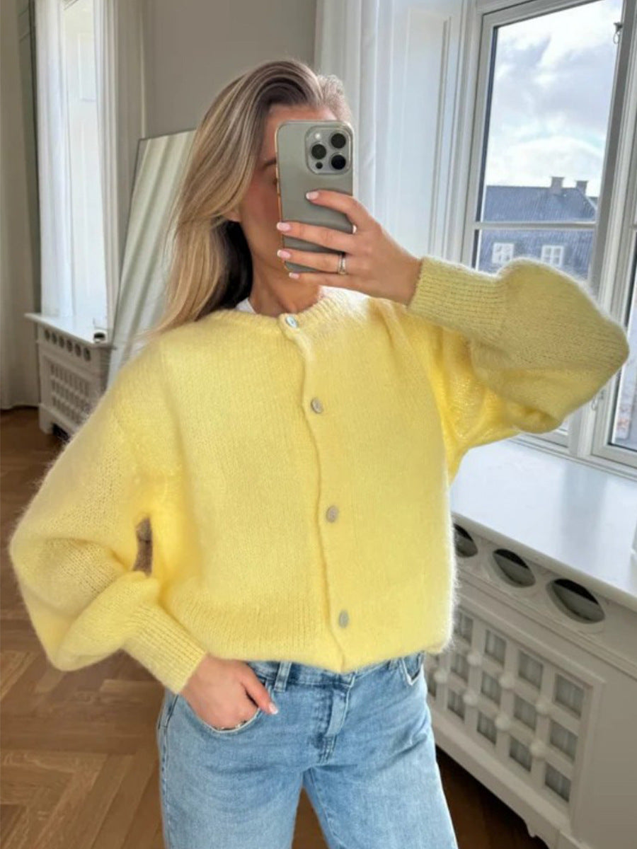 Candy Color Knitted Cardigan Women's European and American2025Autumn and Winter Mohair Solid Color Cardigan Macaron Color Sweater Cardigan for Women