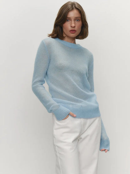 Cross-border Mohair Crew Neck Pullover Sweater European and American Style2025Spring and Summer New Comfortable Knitted Base Semi-Transparent Sweater for Women