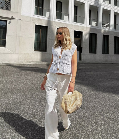 11Color Amazon2024Spring and Autumn New Women's Fashion European and American Style Pocket Sleeveless Short Knitted Cardigan Vest