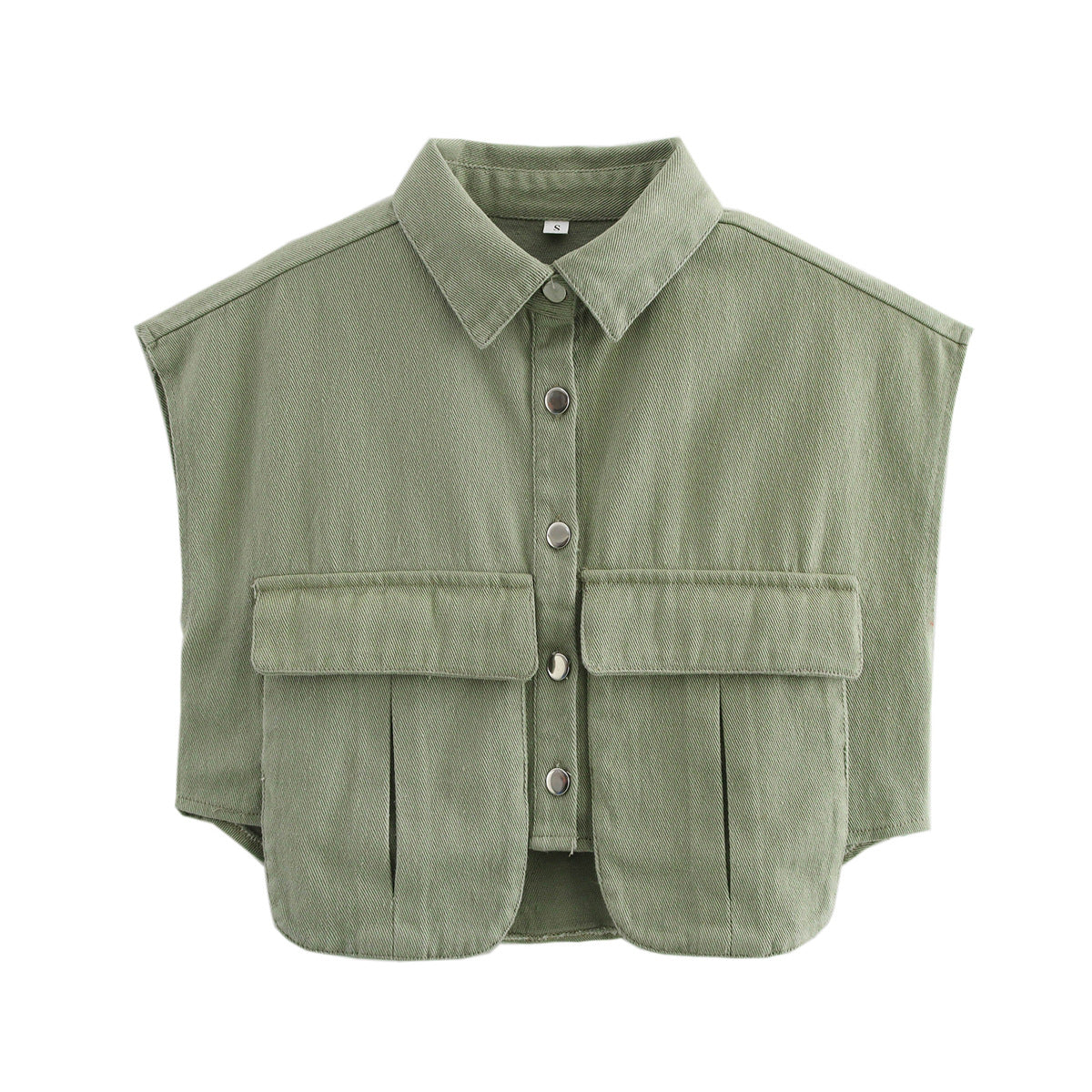 Amazon Women's Solid Color Large Pocket Sleeveless High-End Cardigan Polo Collared Shirt Denim Top A19846