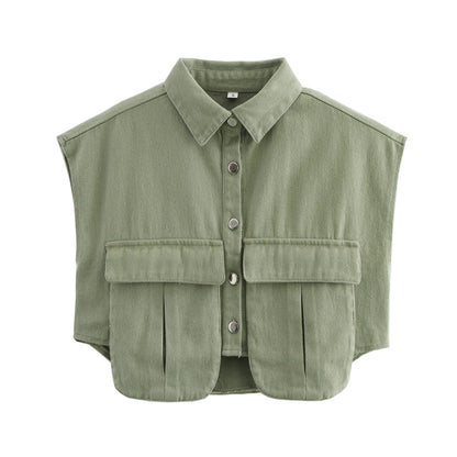 Amazon Women's Solid Color Large Pocket Sleeveless High-End Cardigan Polo Collared Shirt Denim Top A19846