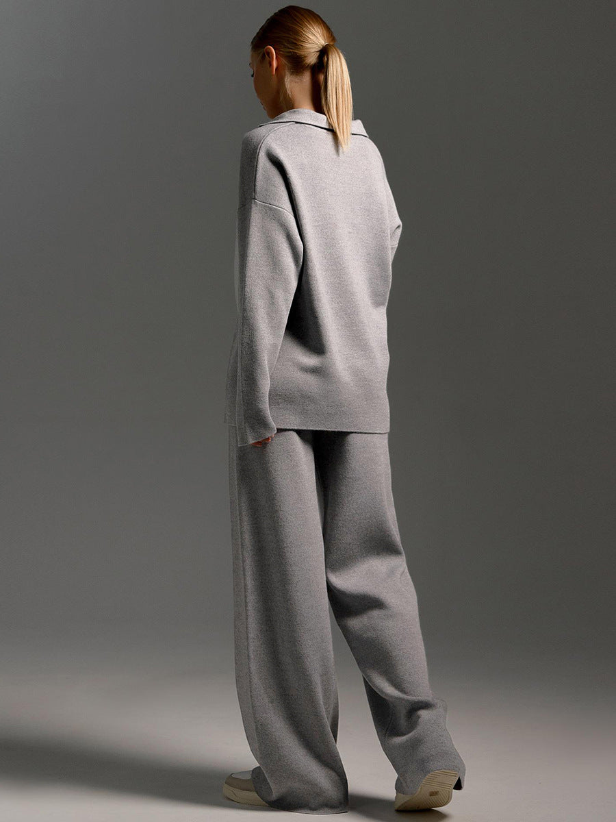 Sultyra Sweater Suit Polo Knitted Pullover Sweater+Wide-leg Pants Two-piece Set