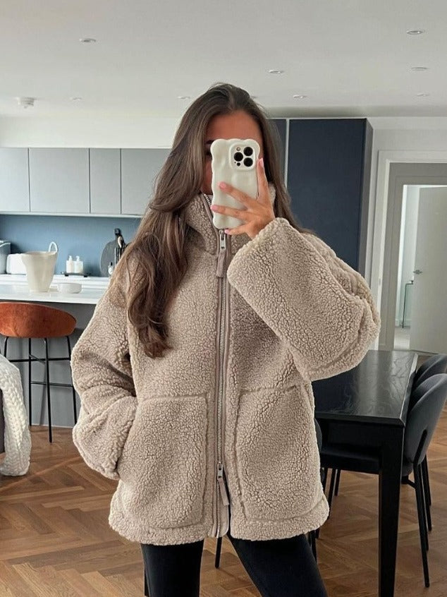 Cross-Border2024European and American Style Autumn Winter New Women's Solid Color Lazy Style Lamb Wool High Neck Woolen Coat A65002