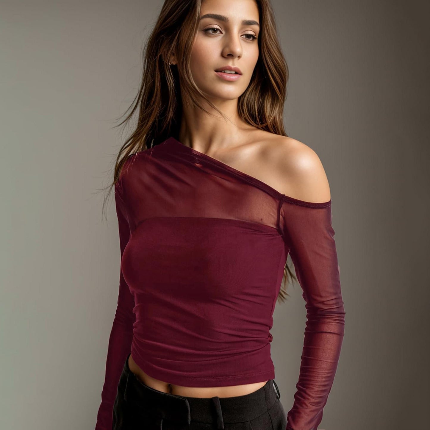 European and American Autumn New Foreign Trade Mesh Patchwork Sheer Asymmetrical Long Sleeve T T-shirt Pure Desire Sexy Unique Regular Shoulder Top