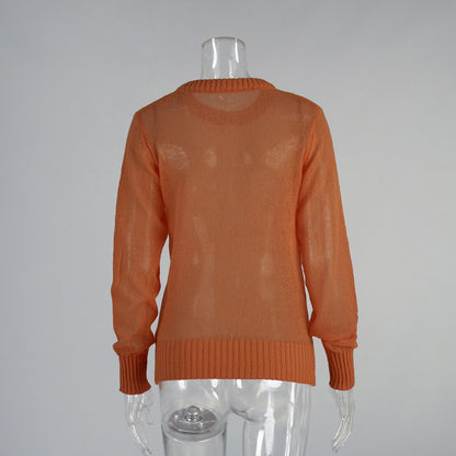 Cross-border Mohair Crew Neck Pullover Sweater European and American Style2025Spring and Summer New Comfortable Knitted Base Semi-Transparent Sweater for Women