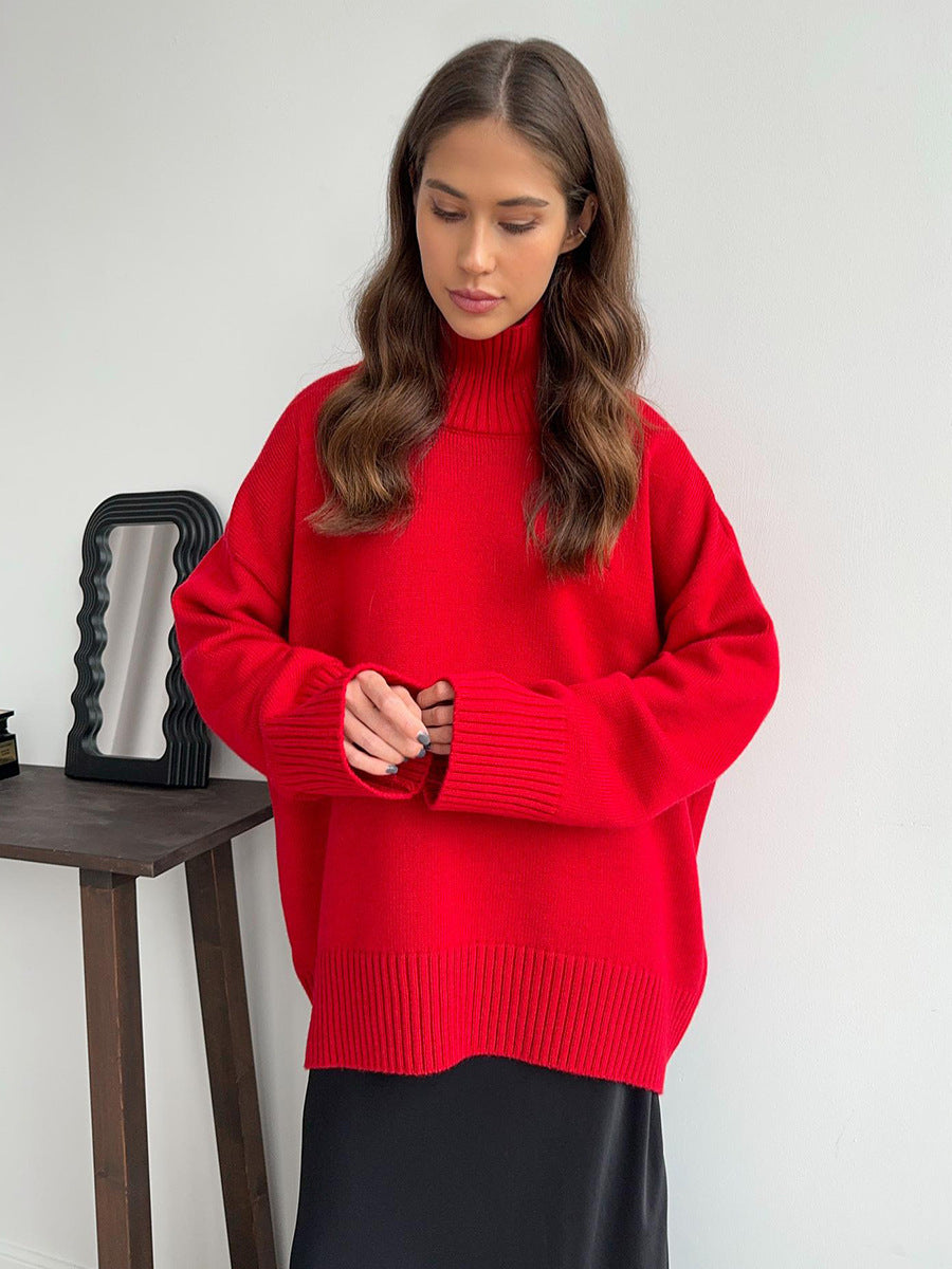 Cross-Border2025Hot-Selling European and American Style Autumn Winter Solid Color High Neck Knitted Sweater Loose Slimming Versatile Knitted Sweater for Women