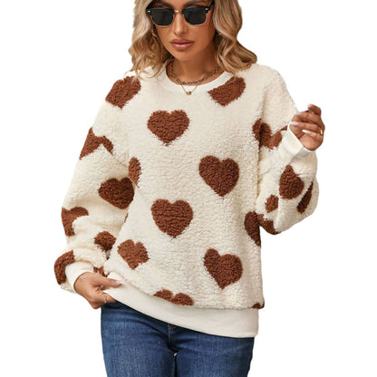 Shiny Velvet2023Cross-border Women's Fashion European and American Style Autumn Winter New Plush Heart Print Loose Long Sleeve Round Neck Pullover Sweatshirt