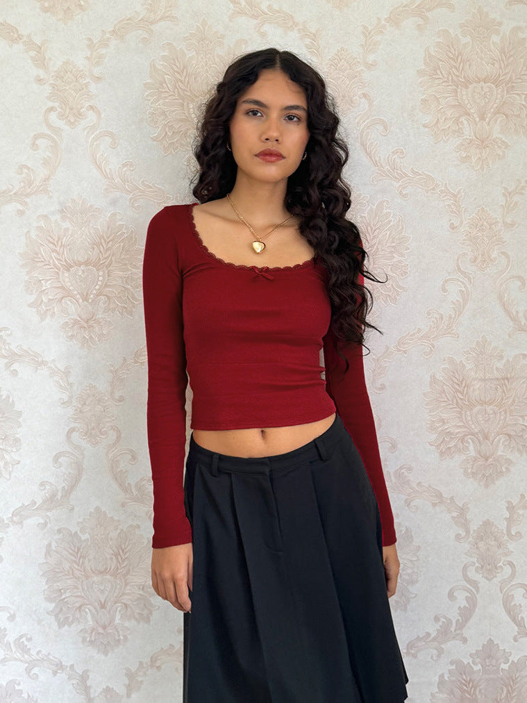 New Long Sleeve t T-shirt Women's Clothing wish Cross-border Trendy Brand Slim Fit Lace Patchwork Hot Girl Top U Collared Base Shirt