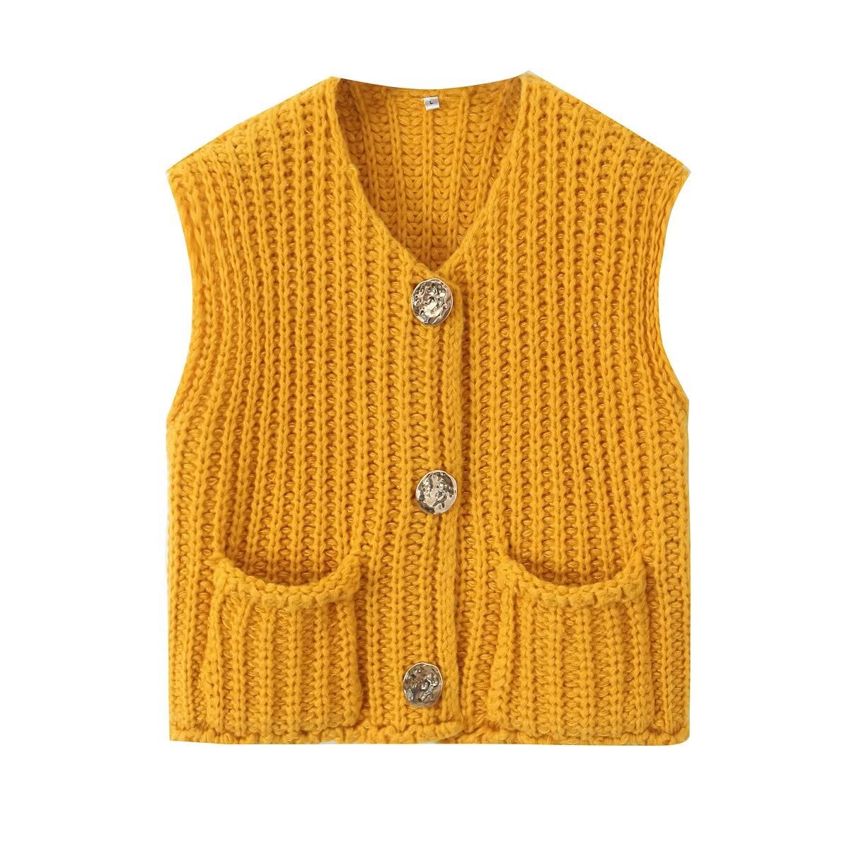 11Color Amazon2024Spring and Autumn New Women's Fashion European and American Style Pocket Sleeveless Short Knitted Cardigan Vest