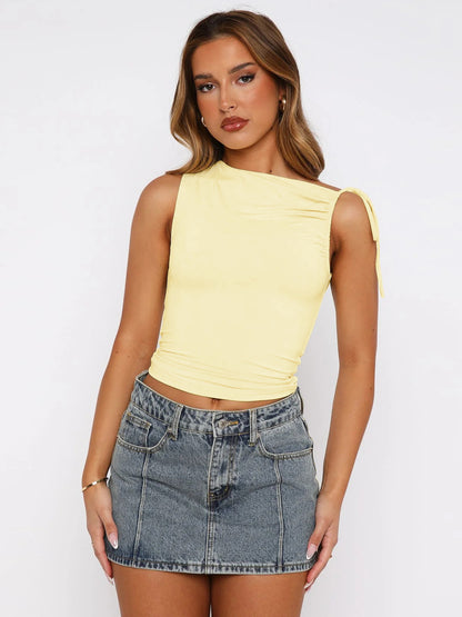 European and american women's clothing2025Spring Summer New Fashion Personality Irregular Strap Drawstring Tie Pleated Crop Top for Women