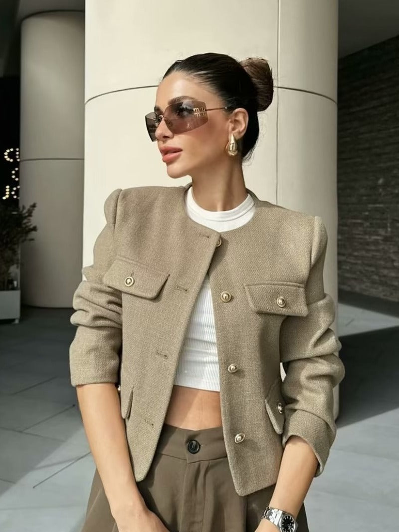 Wholesale Cross-Border Amazon Autumn Winter New Women's Fashion Small Fragrance Style Button Decor Short Blazer B88646