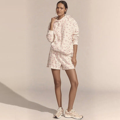 Sultyra Floral Casual Hooded Sweatshirt High Waist Comfortable Shorts Set
