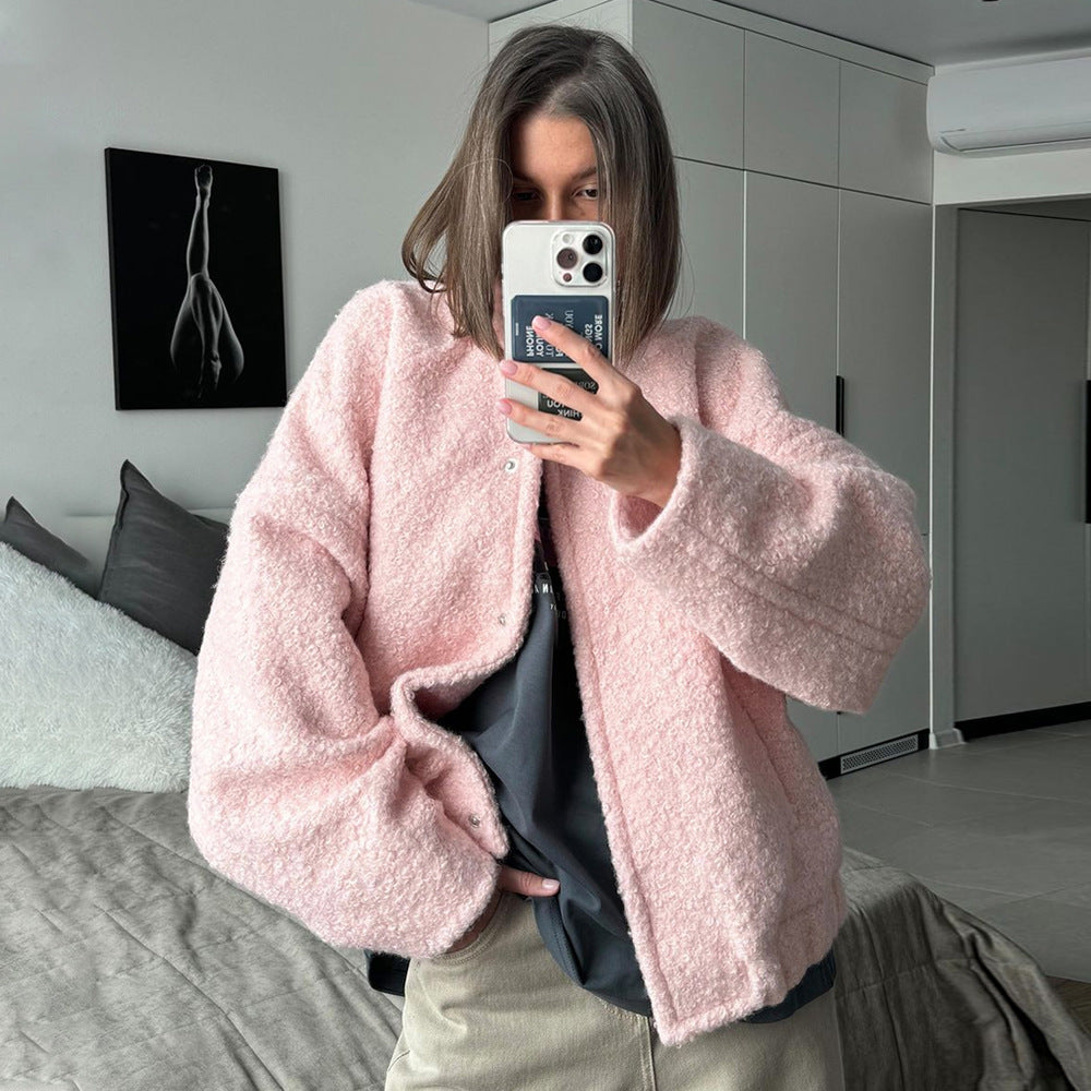 Cross-border Pink Jacket Europe and America2025Winter New Style Elegant Casual Stand Collar Drop Shoulder Short Furry Coat