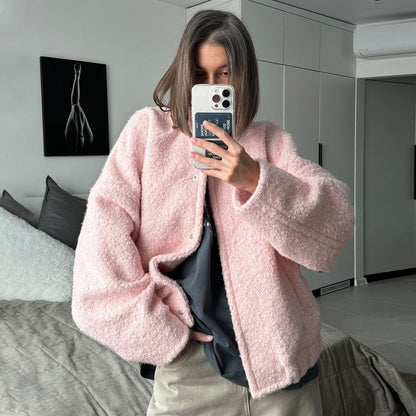 Cross-border Pink Jacket Europe and America2025Winter New Style Elegant Casual Stand Collar Drop Shoulder Short Furry Coat