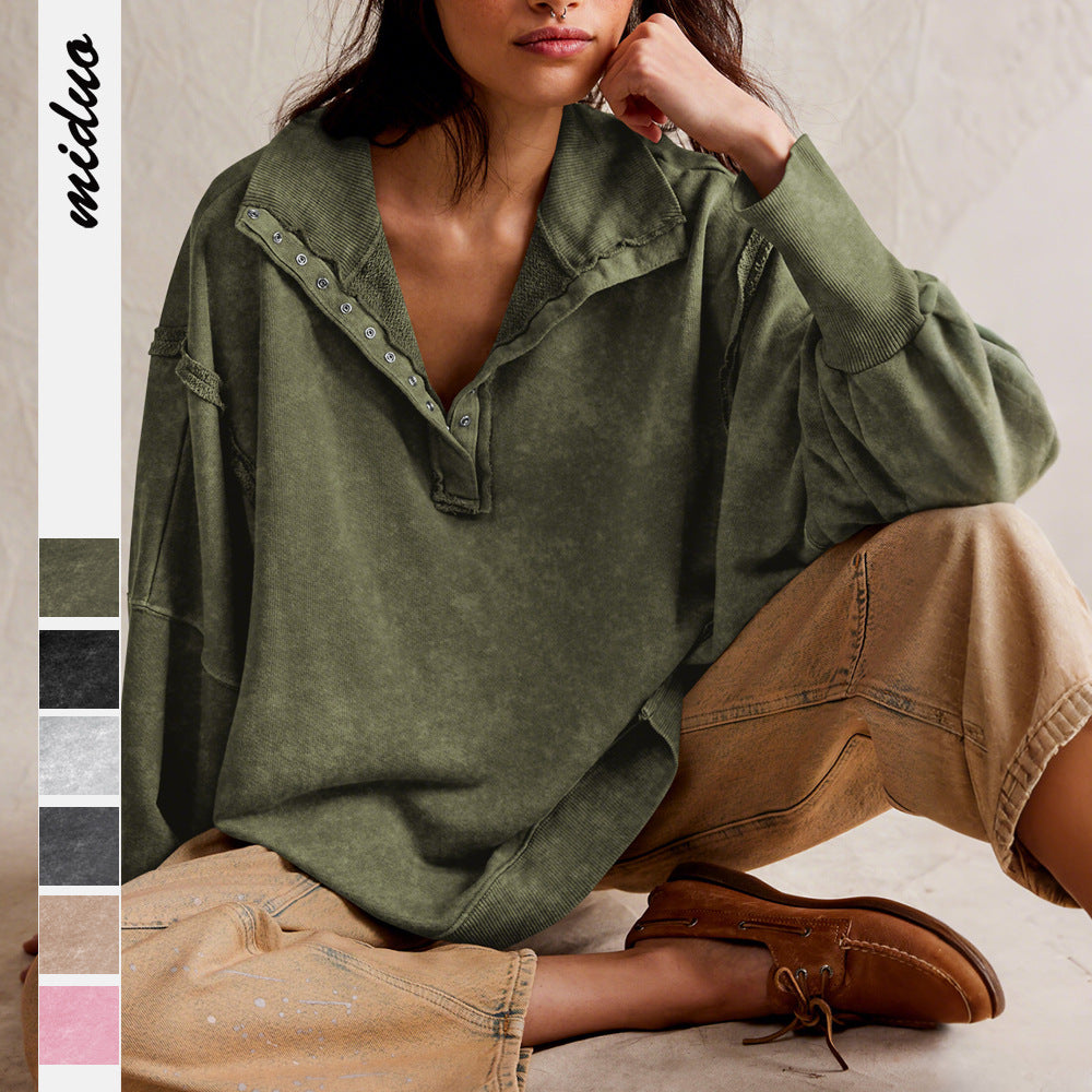 Sultyra Decorative Line Design Sense Top with Slit Lantern Sleeves polo