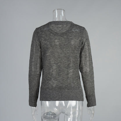 Cross-border Mohair Crew Neck Pullover Sweater European and American Style2025Spring and Summer New Comfortable Knitted Base Semi-Transparent Sweater for Women