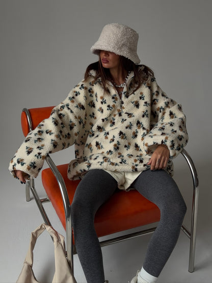 Cross-border fleece floral sweatshirt Europe and America2025Autumn and Winter New Fashion Sweatshirt Warm Fuzzy Sweatshirt Fleece Top for Women