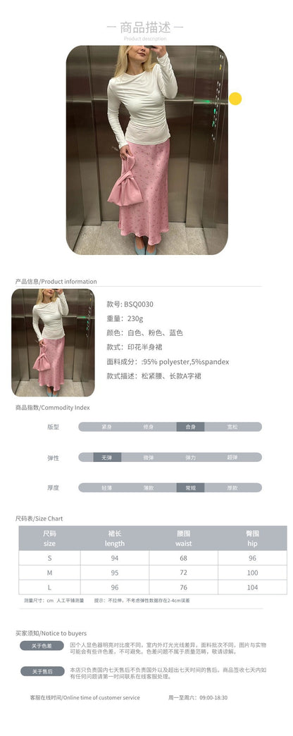 Cross-border Printed Midi Skirt European and American Style2025Spring and Summer New Elegant Floral Satin Printed Draped High-Waisted Skirt