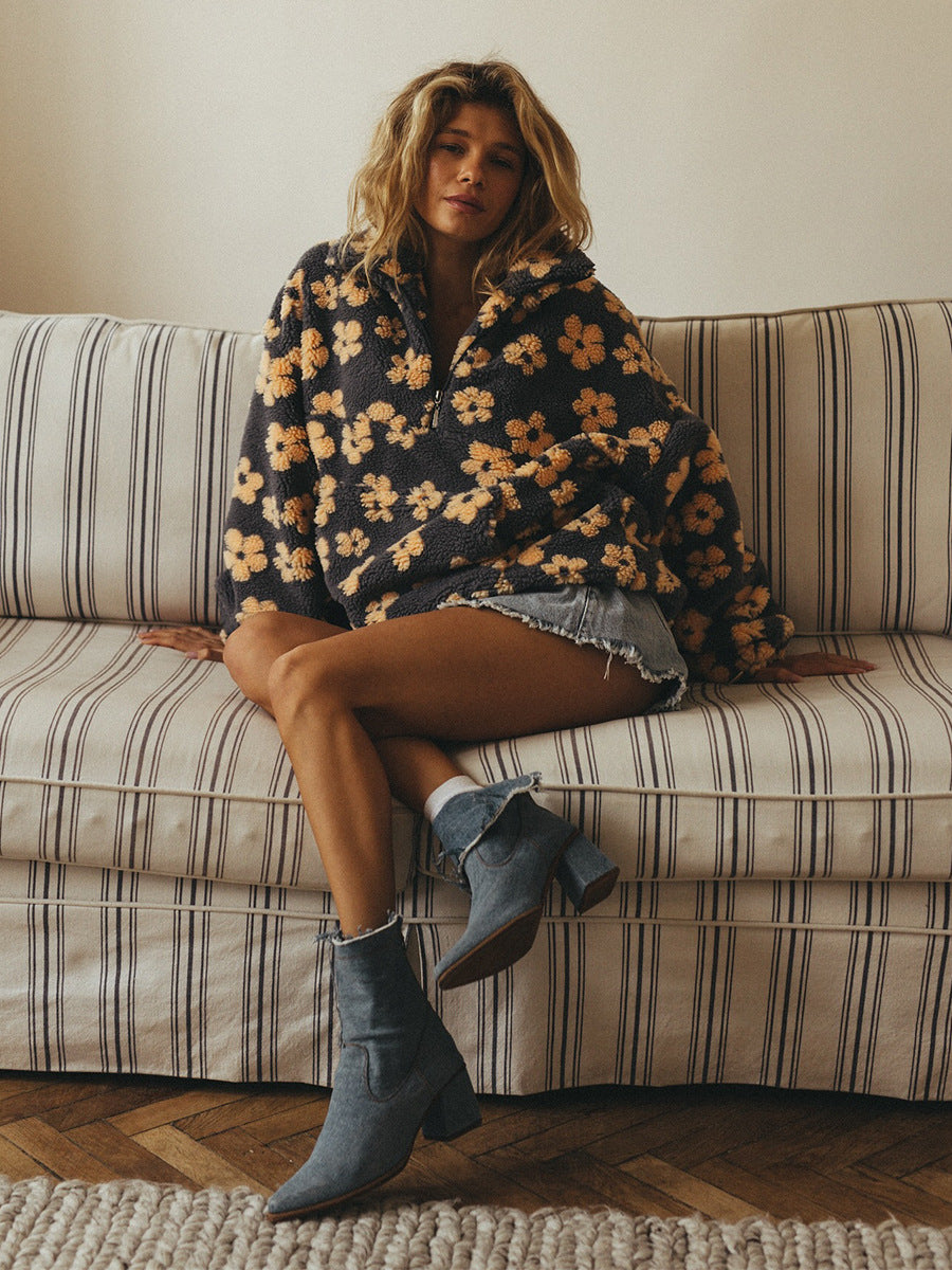 Cross-border fleece floral sweatshirt Europe and America2025Autumn and Winter New Fashion Sweatshirt Warm Fuzzy Sweatshirt Fleece Top for Women