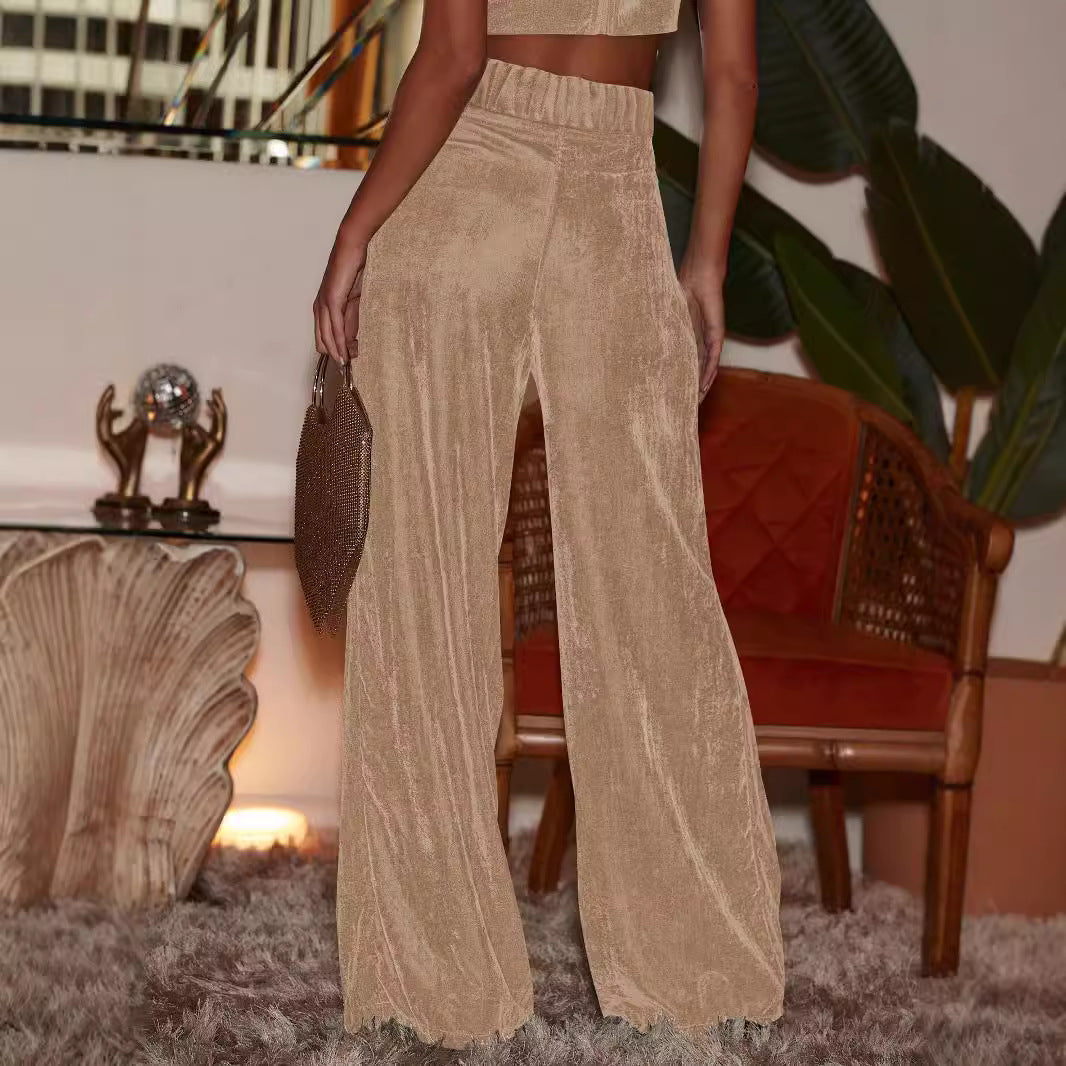 Sultyra Suede Loose Button Slimming Straight Wide-Leg Pants