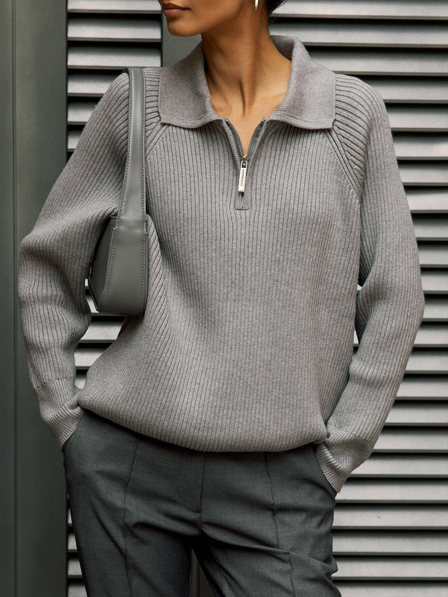 Cross-Border European and American Style2025Autumn and Winter New Trend Versatile Simple Casual Polo Turn-Down Collar Pullover Knitted Sweater